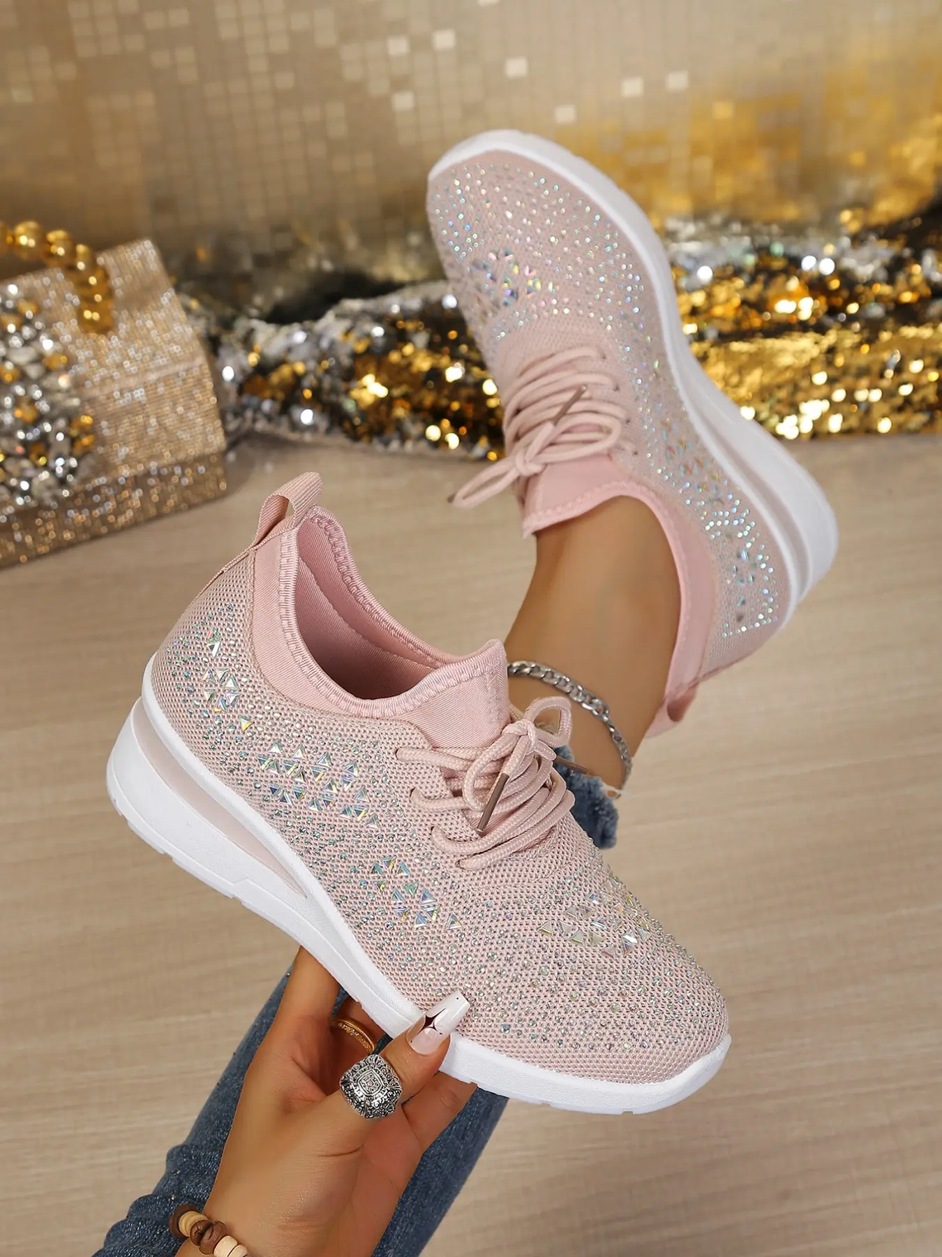 Women's Full Rhinestone Flyknit Sneakers, Breathable Mesh Lace-Up Wedge Heels, Sparkly Water Drills Thick Sole Shock Absorption, Casual Shopping Dad Shoes, Thick Soled Sneakers