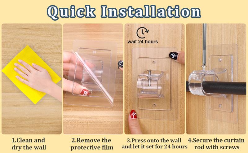 8PCS Self Adhesive Curtain Rod Holder No Drilling,No Drill Curtain Rod Brackets,Renter Friendly Draper Rod Hook,Nail Free Adjustable Non Screw Drapery Pole for Apartment Window Wall Door Ceiling Mount