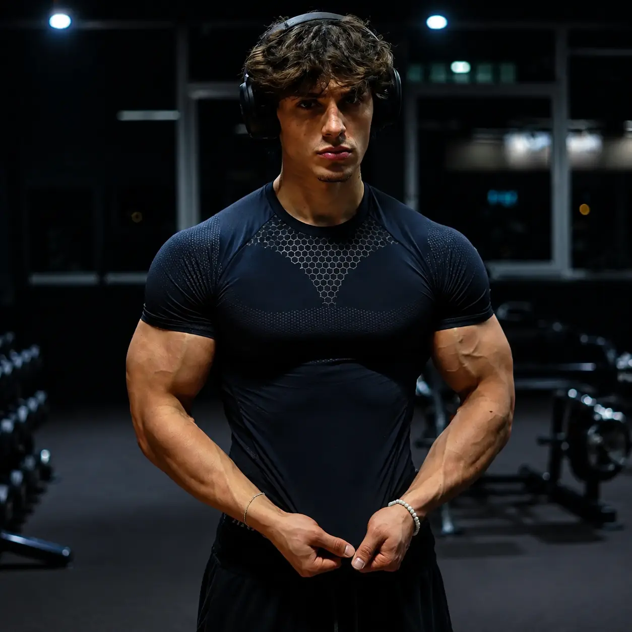 Male Round Neck Raglan Compression Fitness T-Shirt - Short Sleeve, High Elasticity Breathable Mesh Fabric, Geometric Pattern, Slim-Fit, All Seasons, Suitable for Workouts, Machine Washable