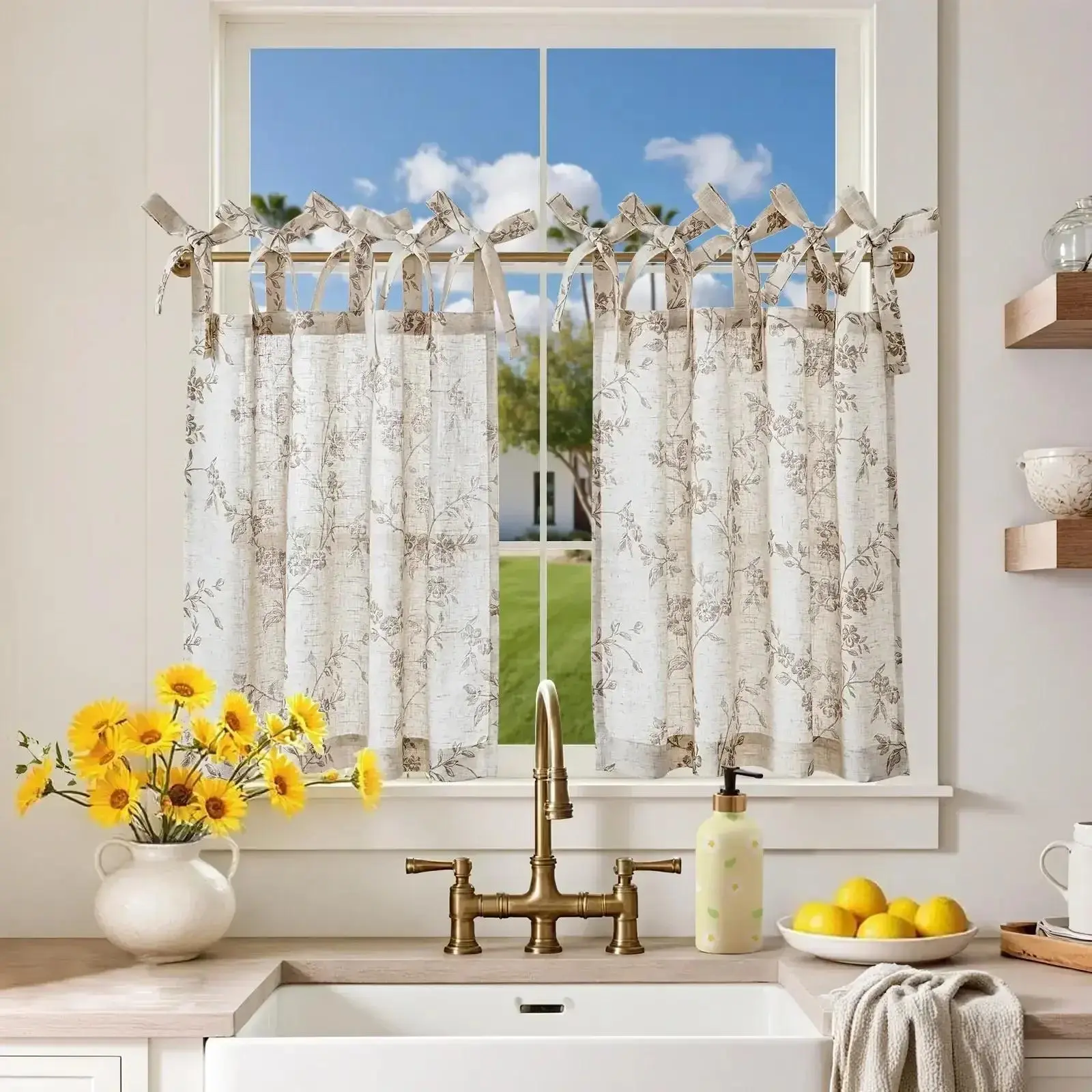 Vintage Vine Floral Sheer Tie-Top Kitchen Curtains