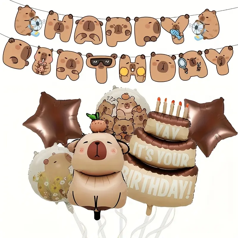 Capybara Themed Birthday Party Decorations Set 6pcs Aluminum Foil Balloons + 1 Set Happy Birthday Letter Banner, Halloween Decorations, Christmas Decorations
