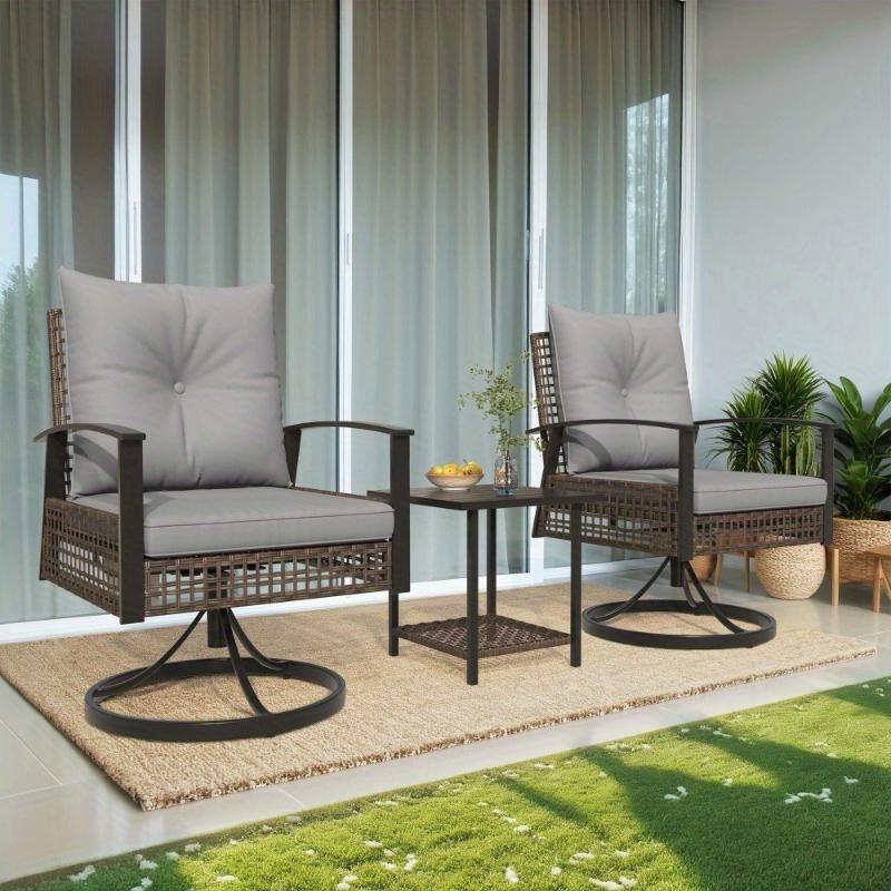 Outdoor Swivel Rocker Chair Set, 360° Rattan Patio Bistro Set of 3 with 2 Chairs, Coffee Table & Thickened Cushions, Weather-Resistant Design for Porch, Backyard, Balcony, Gray