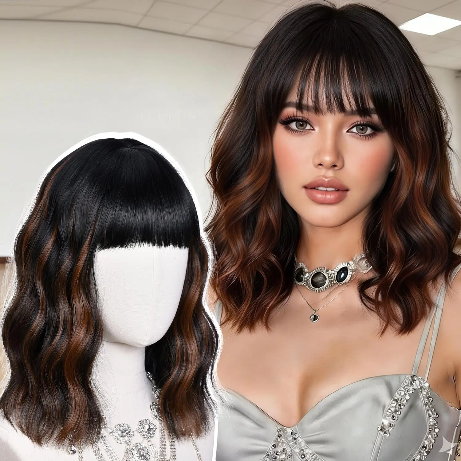 Highlight Brown Short Wavy Wig with Bangs for Women Shoulder Length Bob Curly Synthetic Wigs Loose Natural Wavy Wigs for Daily Party Cosplay