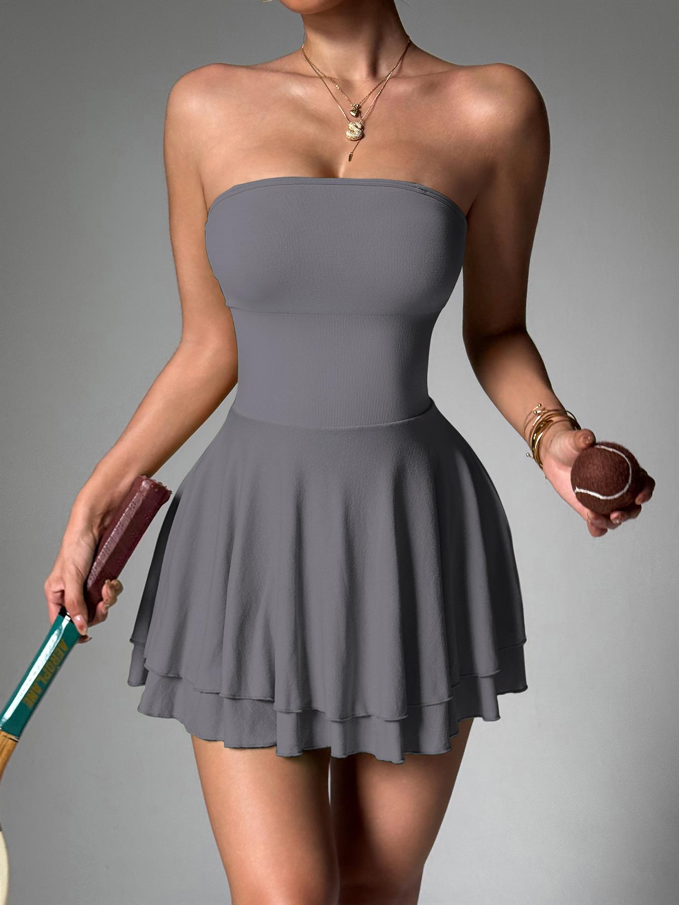 Women's Solid Color Sports Tube Dress, Sporty Sleeveless Strapless Short Dress for Gym Workout Running, Ladies Sportswear for Summer, Sleeveless Tennis Dress