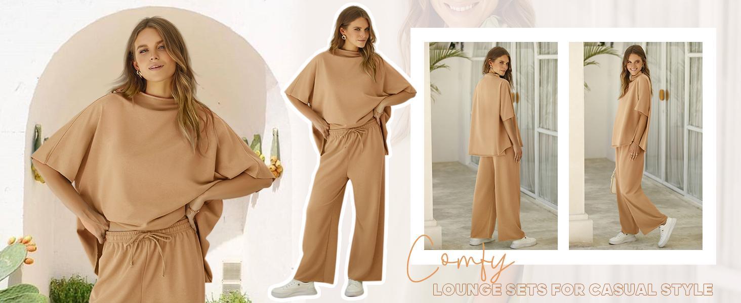 Imily Bela Women's Two Piece Outfits Crew Neck Pullover Tops 3/4 Batwing Sleeve Capelet Wide Leg Pants Casual Lounge Set