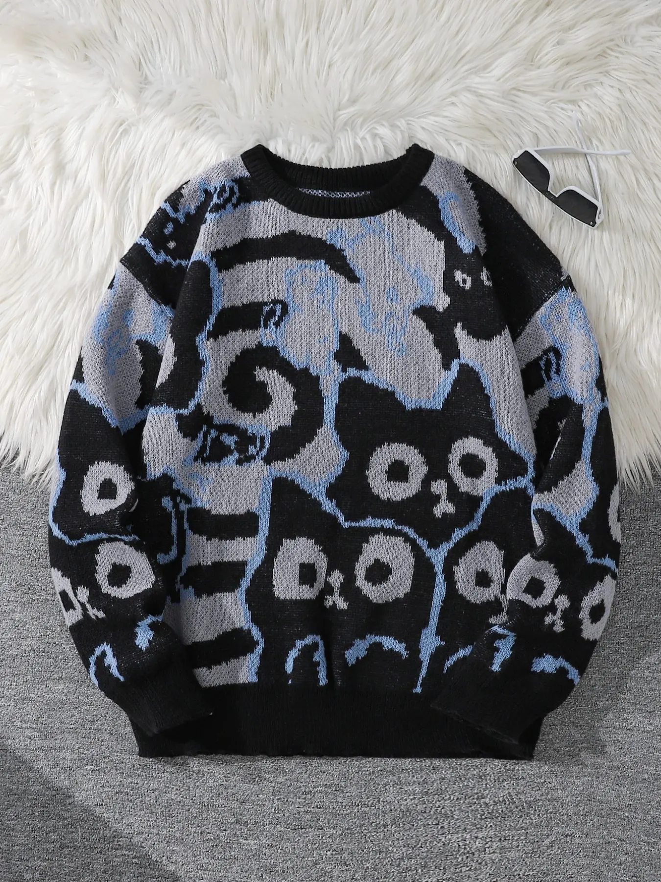 Autumn Winter Abstract Cat Pattern Sweater, Casual Round Neck Knit Pullover, Fitted H-Type, Unisex Daily Wear, Spring & Fall