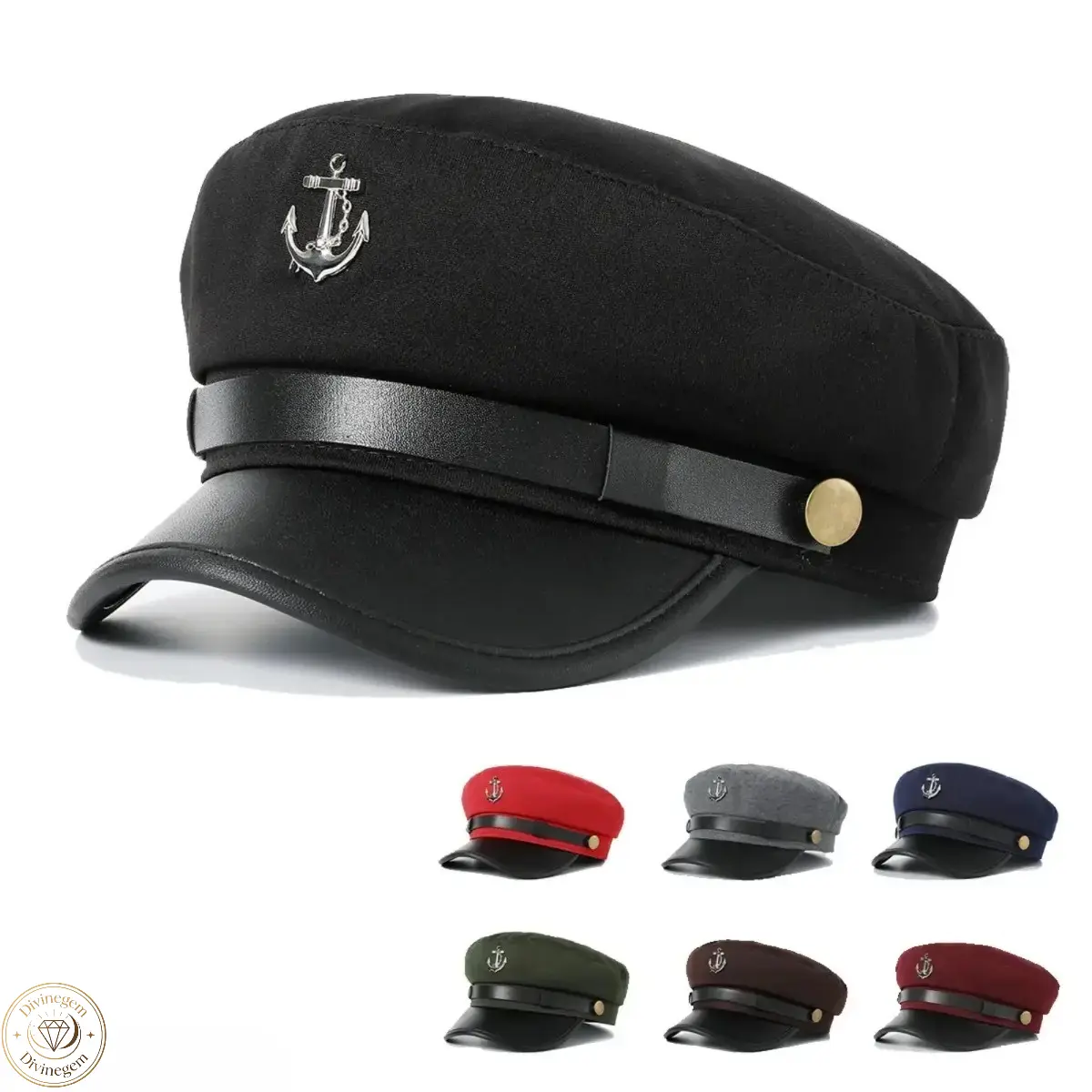 Nautical Captain Newsboy Cap With Anchor Metal Emblem, British‑Inspired Adjustable Fashion Hat, Stylish Unisex Accessory For Daily Outings Vacation And Themed Occasions