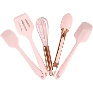 Rose Gold And Pink Kitchen Utensil Small Five-Piece Set Mini Silicone Kids Kitchen Tools Whisk Spatula Tongs Spoon And Slotted Spatula(Kids Baking Supplies)fidget toys