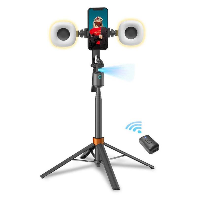 Smart Face Tracking Selfie Stick, Rechargeable 360-Rotatable Auto Face Tracking Phone Holder with 2 Fill Light, Phone Accessories for Vlog Recording, Live Streaming, Smartphone Camera Accessories