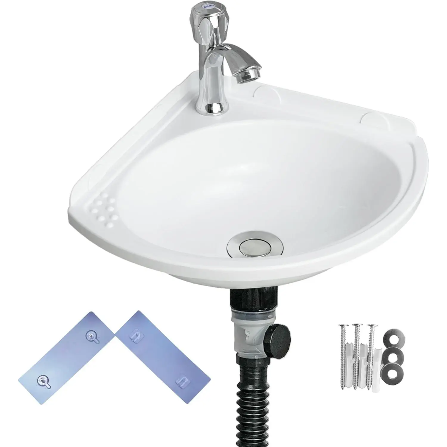 Small Bathroom Sink Wall Mount Bathroom Corner Sink, Triangular wash basin No-Drill Installation Self-Adhesive 12 x 12 Inch with 1.26 Inch Faucet Hole, Mini Rv sink Plastic Sink for Home, Dorm, Garage