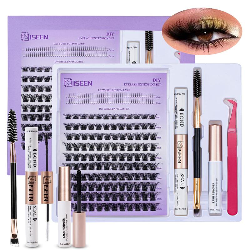 False Eyelashes Kit, 1 Set D Curl Eyelash Clusters, Fluffy Eyelash Clusters with Eyelash Glue, Remover, Brush & Tweezers, Eyelash Extension Kit for Women & Girls