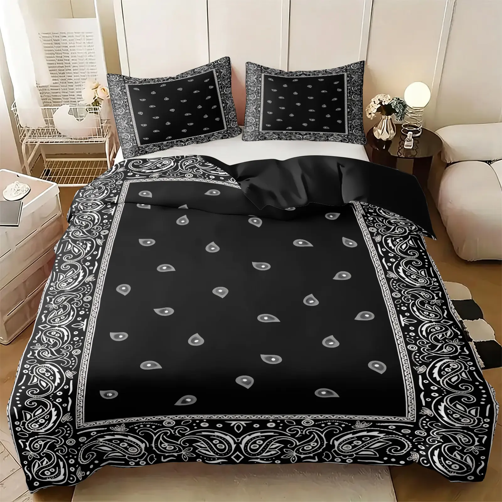Vintage Classic Paisley Bandana Print Duvet Cover Set, Includes 1-2 Pillowcases, Black White Border Pattern Bedding Set With Black Inner Liner, Soft Breathable Bedding Set All Size, Retro Aesthetic Dorm Room Decor For All‑Season