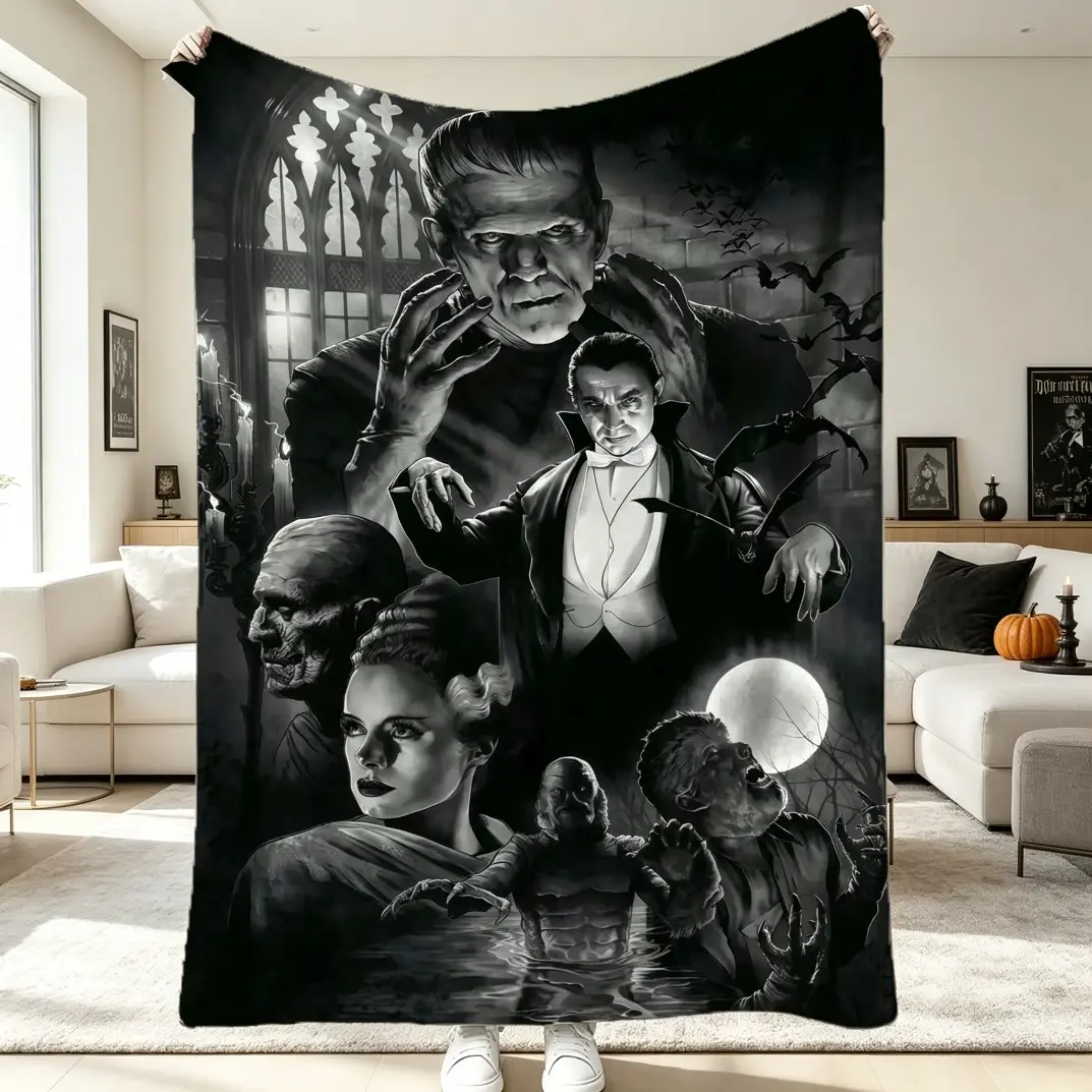 Universal Monsters Decorative Cozy Warm Flannel Blanket, Frankenstein Dracula Bride of Frankenstein Plush Fleece Throw Blanket for Adults & Kids, Super Soft Lightweight All Season Blanket for Sofa Bed Halloween Home Decor Movie Night Gift