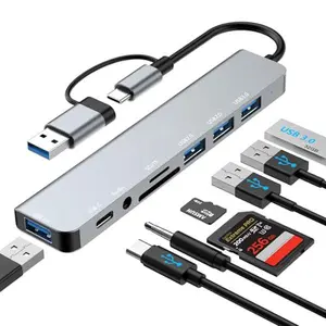 USB‑C hub and USB 3.0 hub for laptops; upgraded 8‑in‑2 USB splitter with USB‑C ports (4) and USB‑A, transform/flashcard slots, 3.5 mm audio adapter, USB‑C USB dongle for PCs, Macs, MacBooks, laptops, iPads, and tablets.