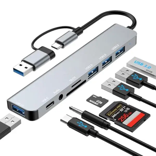 USB‑C hub and USB 3.0 hub for laptops; upgraded 8-In-2 USB splitter with USB‑C ports (4) and USB‑A, transform/flashcard slots, 3.5 mm audio adapter, USB‑C USB dongle for PCs, Macs, MacBooks, laptops, iPads, and tablets., Linux