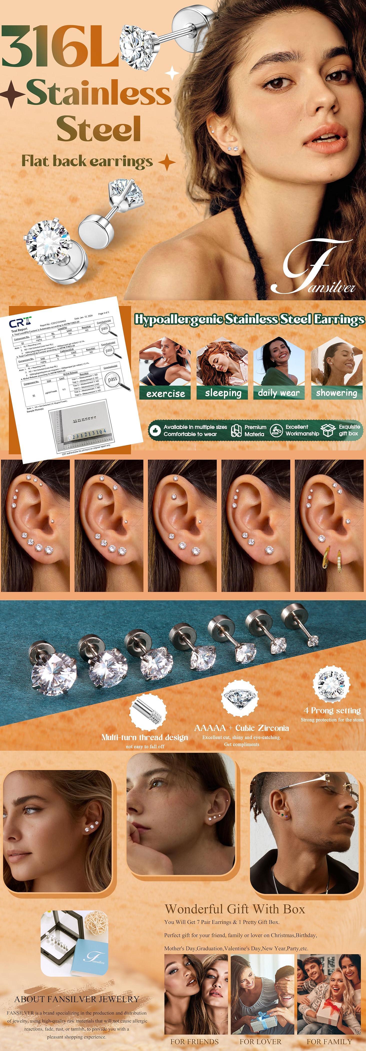 Fansilver 7Pairs Flat Back Earrings Set for Women Men Hypoallergenic Stainless Steel Studs with Cubic Zirconia Stones 2-8mm Sizes for Sensitive Ears