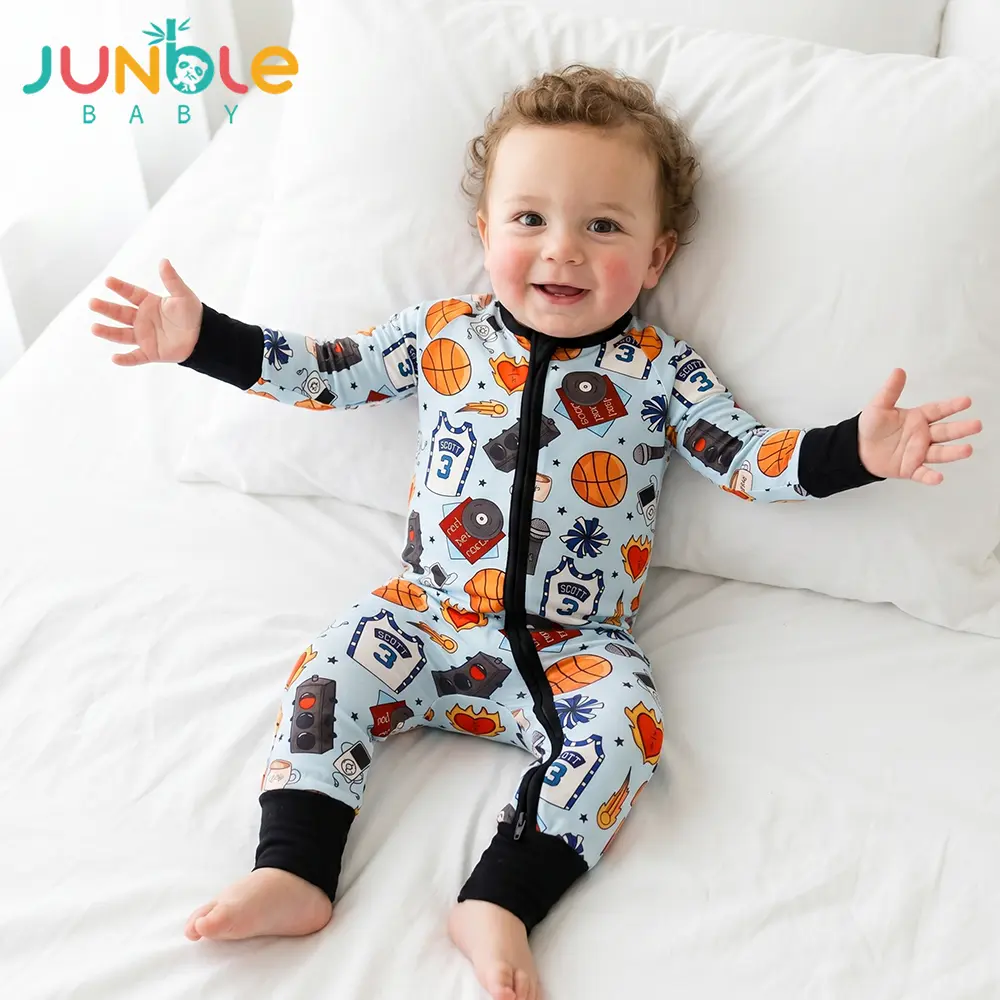 Junblebaby Bamboo Romper Baby Boy Clothes Bamboo Onesies with 2-Way Zipper Long Sleeve Romper Baby Sleepers for Boys 6-24M Baby Boy Summer Clothes Sport Basketball Print