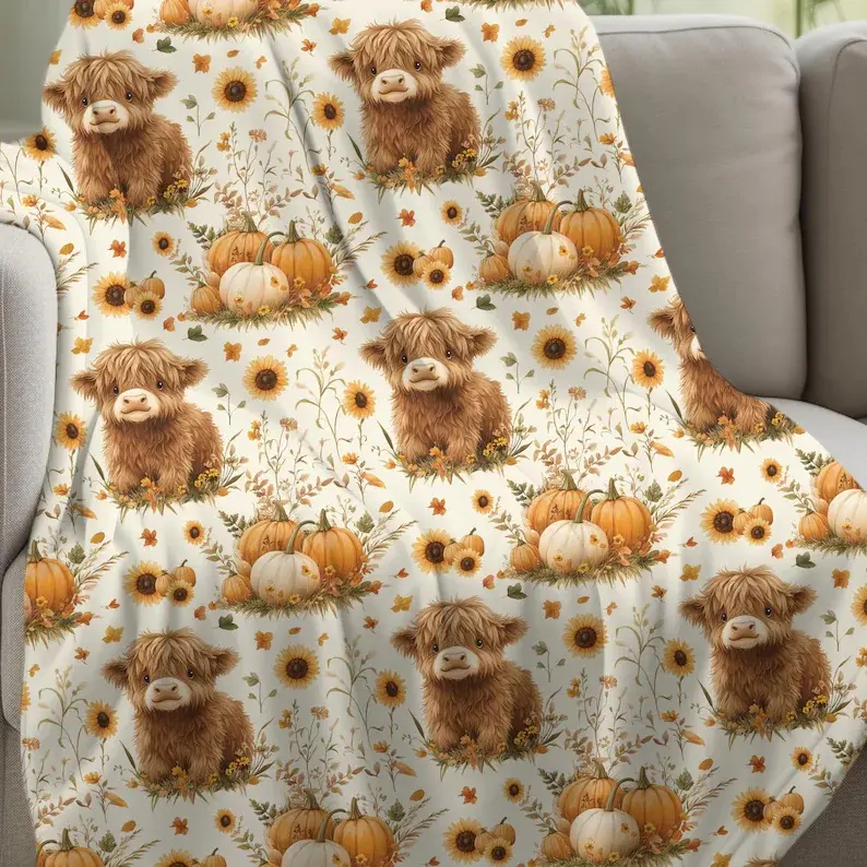 Cream Fall Highland Cow Flannel Blanket,The perfect Halloween gift,All Over Watercolor Cute Fluffy Highland Cow Sunflower Pumpkin Wildflower Print Soft Cozy Fluffy Blanket,Sofa Bed Dorm Blanket Gift For Country Cowgirl Autumn Farm Decor