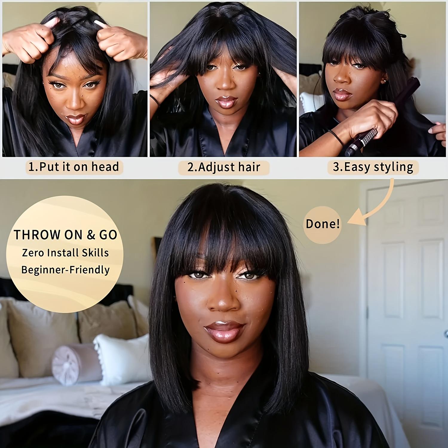 New Fashion  Human Hair Wig 180 Density Natural Clolor Straight BOB Wig with Bangs Full Machine Made for Women Pre Plucked 14A Grade Breathable Lace Natural Hairline Simple Wear Natural Look Brazilian Party Date Vacation Cosplay Halloween