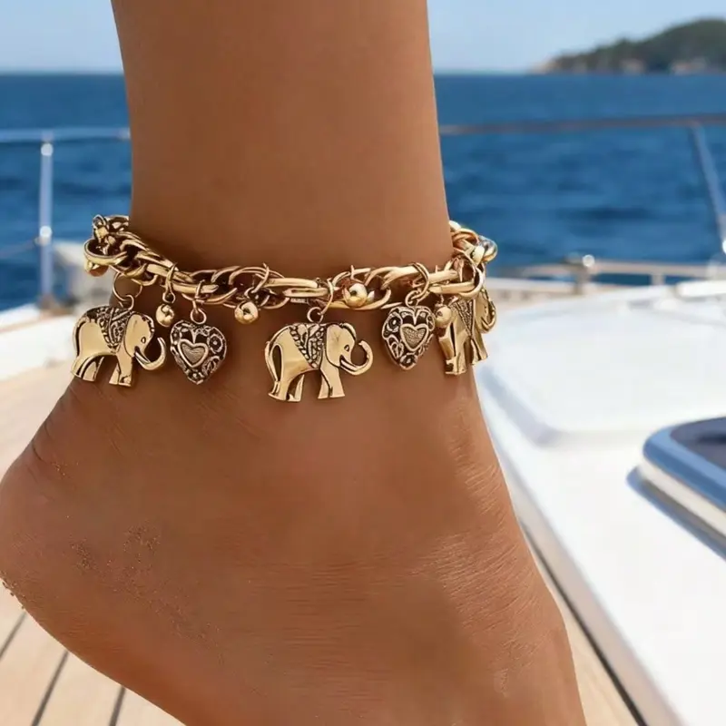 AEONBLULI Chunky Metallic Elephant Charm Anklet for Women, Bohemian Heart Dangle Cuban Link Ankle Bracelet, Chic Daily Jewelry & Holiday Gift, Foot Jewelry