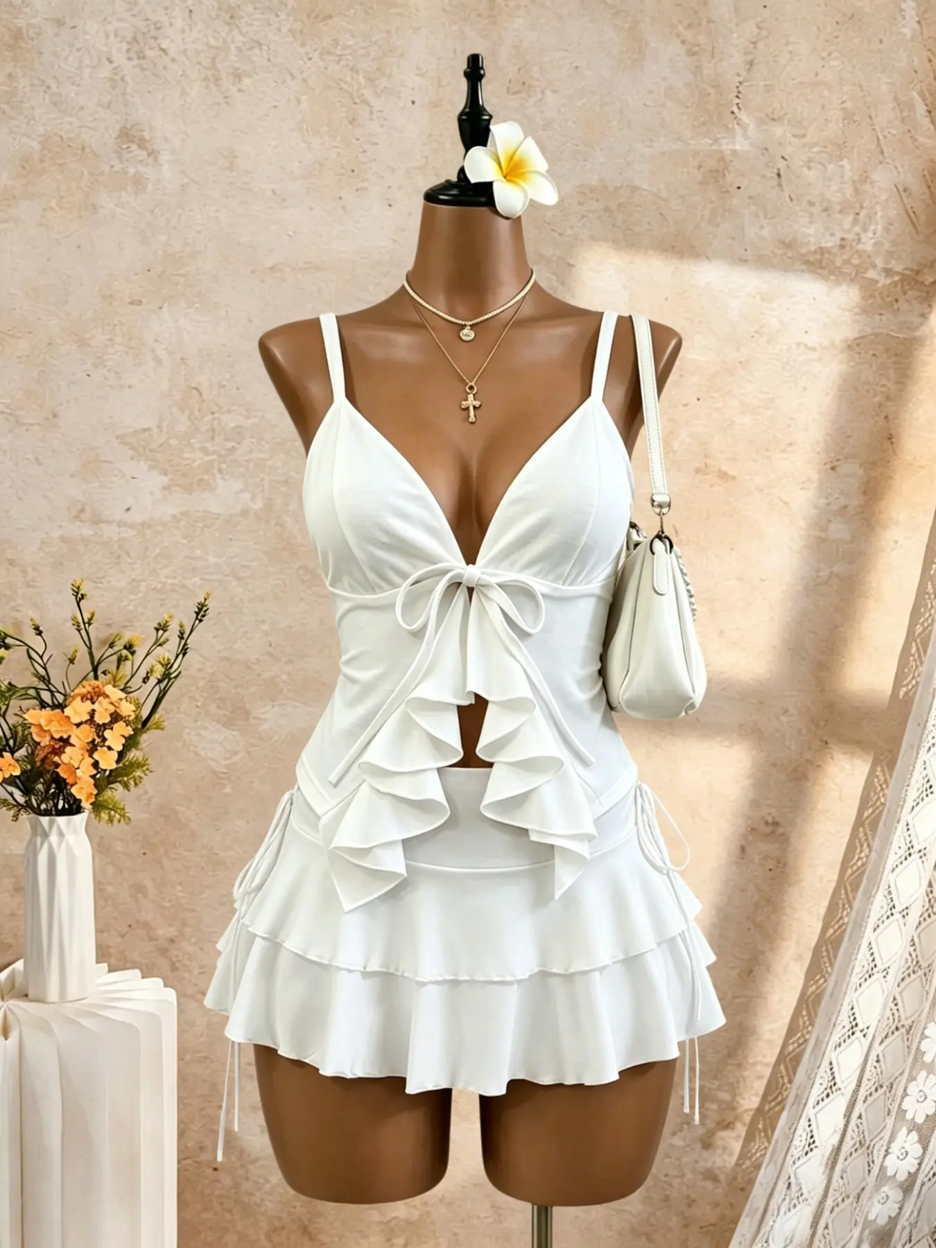 Women's V-Neck Bow Tie Ruched Tank Top & Lace Mini Skirt Set, Summer Beach Swimwear, Stylish Two-Piece for Ladies, Swimsuit With Skirt, Skirted Swimsuit, Bathing Suit, Swimsuit Outfits, Skirted Bathing Suits