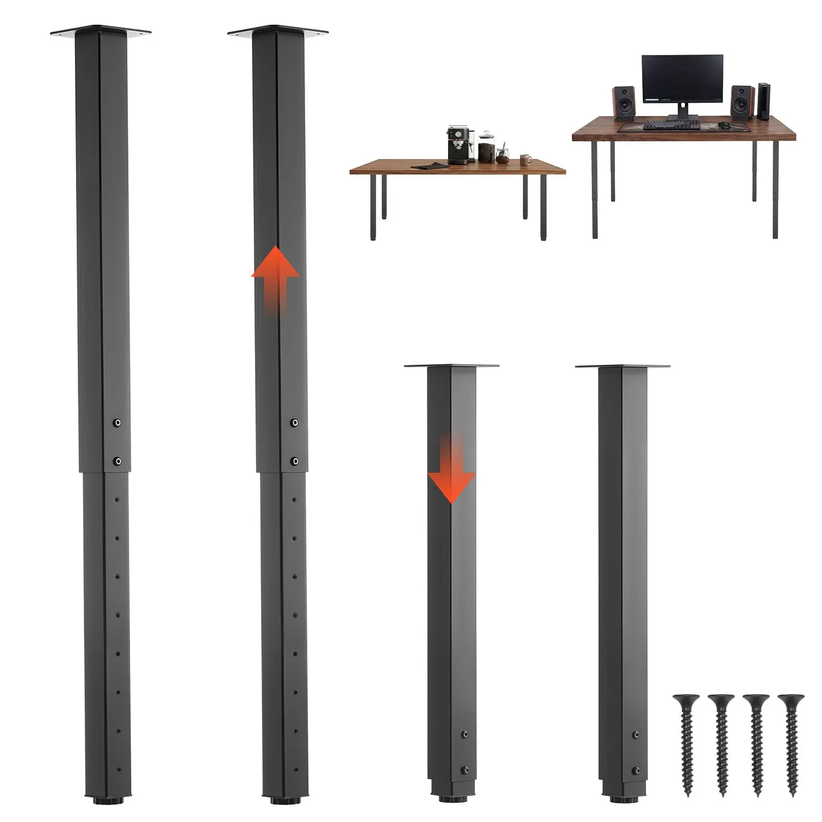 VEVOR Heavy Duty Adjustable Square Steel Table Legs, 4 Pcs Legs, 24-40 in, 1200 lbs Max Load, Quick Screw Installation, Ideal for DIY Users’ Desks/Workbenches, Black