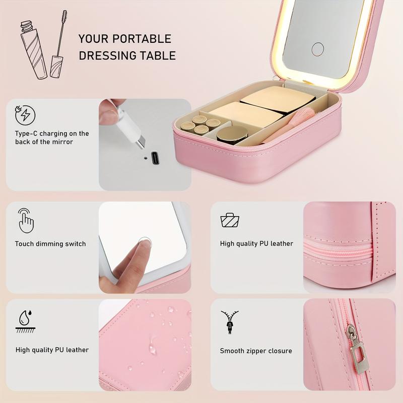 Makeup Bag with Mirror and Light Travel Makeup Train Case Cosmetic Bag, LED Makeup Mirror Case with 3 Adjustable Color Light Settings, Dust-Proof Jewelry Box, Mini Cosmetic Train Case