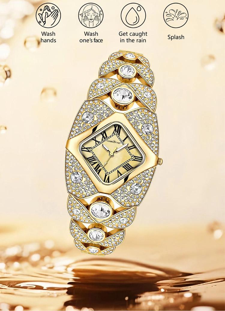 Women's Luxury Gold Iced Out Diamond Bracelet Watch - Square Mother of Pearl Dial with Roman Numerals, Fully Bling Crystal Encrusted Quartz Wristwatch, Perfect Gift for Her