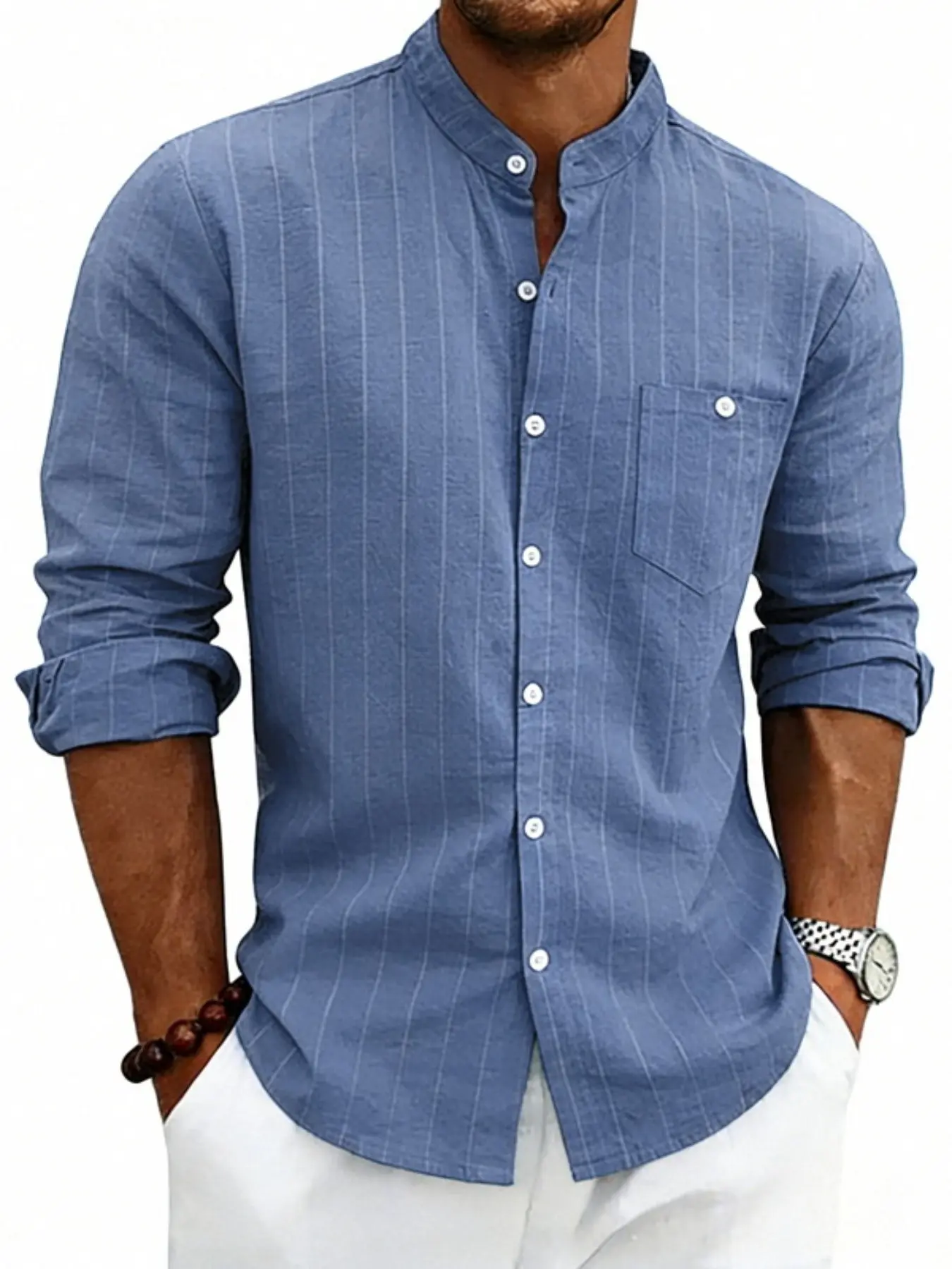 Men's vertical-striped button-down linen long-sleeved shirt, single chest pocket, single button fastening, casual business, soft and breathable, adjustable sleeves design, suitable for daily commuting, vacation, Casual Breathable Shirts
