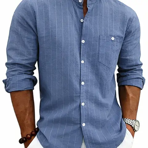 Men's vertical-striped button-down linen long-sleeved shirt, single chest pocket, single button fastening, casual business, soft and breathable, adjustable sleeves design, suitable for daily commuting, vacation, Casual Breathable Shirts