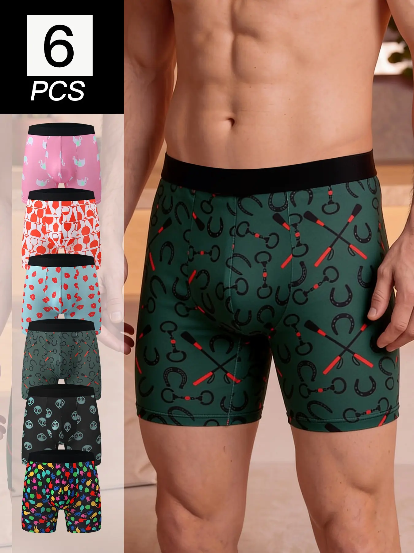 6Pcs-Pack Men’s Long Leg Printed Boxer Briefs, Soft Stretch Breathable Trunks, Moisture Wicking Anti Chafe Underwear with 4-Way Stretch，No Ride Up Quick Dry Athletic Trunks，Anti Chafing Elastic Waistband for Sports and  Daily Wear