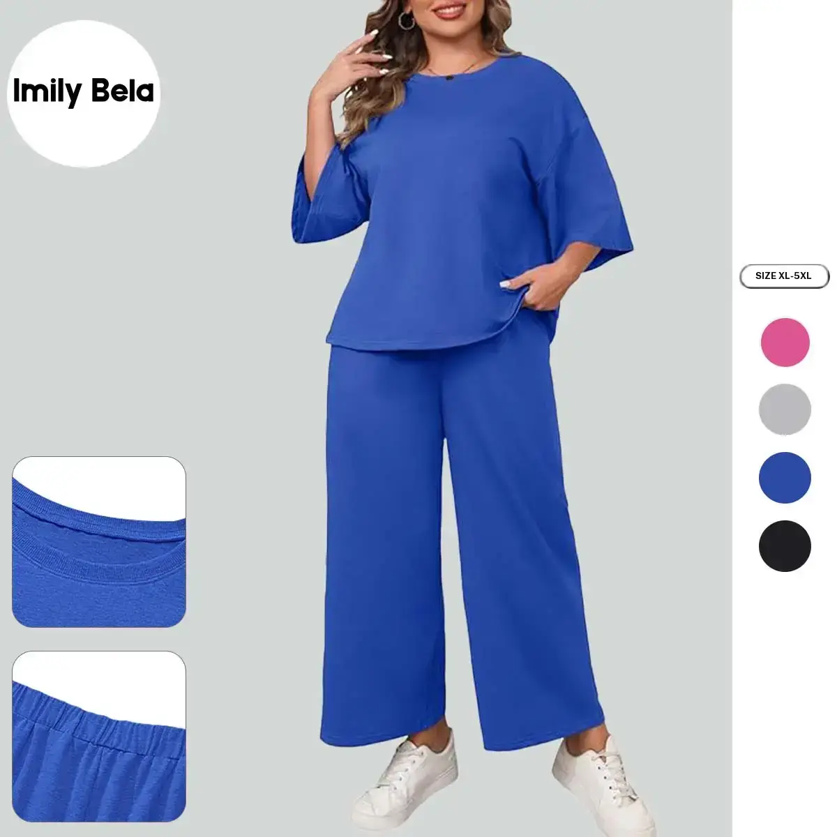 Imily Bela【1XL 5XL】Womens Plus Size 2 Piece Outfits 3/4 Sleeve Tops and Wide Leg Pants Loungewear Pajamas Sets