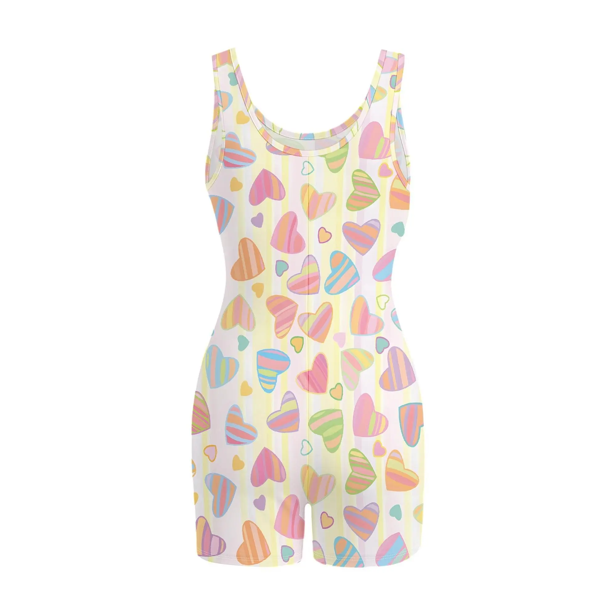 Pastel Heart Print, Sleeveless Bodysuit, Candy Pattern Jumpsuit, Cute Romper, Summer Fashion Outfit, Trendy Casual Wear, S-2XL