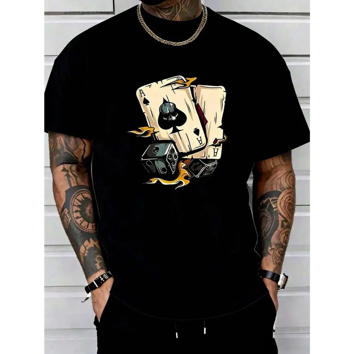 Men's 180G Pure Cotton T-Shirt - Summer Round Neck Shortsleeve Tops, Classic Relaxed Fit Menswear, Poker-White Casual Graphic Shirt for Father's Day Gift, Unisex, Breathable, Fabric, Loose, Print, Stylish, Streetwear, Tshirt, Oversized, Soft, Tee, Cargo P