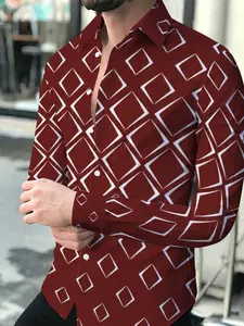 Men's Long Sleeve Shirt Fashion Burgundy Diamond Pattern Casual Printed Slim Fit Versatile Daily Commute Business Gentleman Top Suitable for leisure and sports scenarios