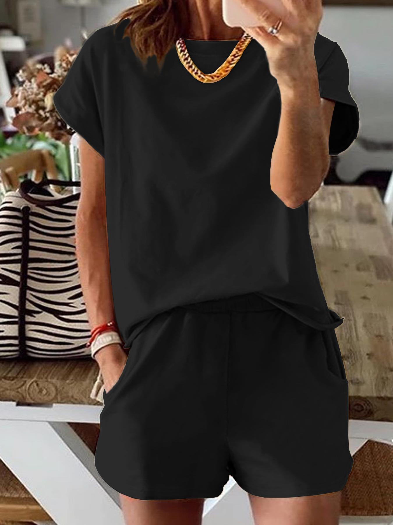 Women's Solid Basic Co-ord Set, Casual Short Sleeve Tee Top & Elastic Waist Shorts Set, Women's Summer Clothes for Daily Wear, Cute Summer Outfit, Adjustable, Womenswear Women's Solid Basic Co-ord Set, Casual Short Sleeve Tee Top & Elastic Waist Shorts Set, Women's Summer Clothes for Daily Wear, Cute Summer Outfit, Adjustable, Womenswear