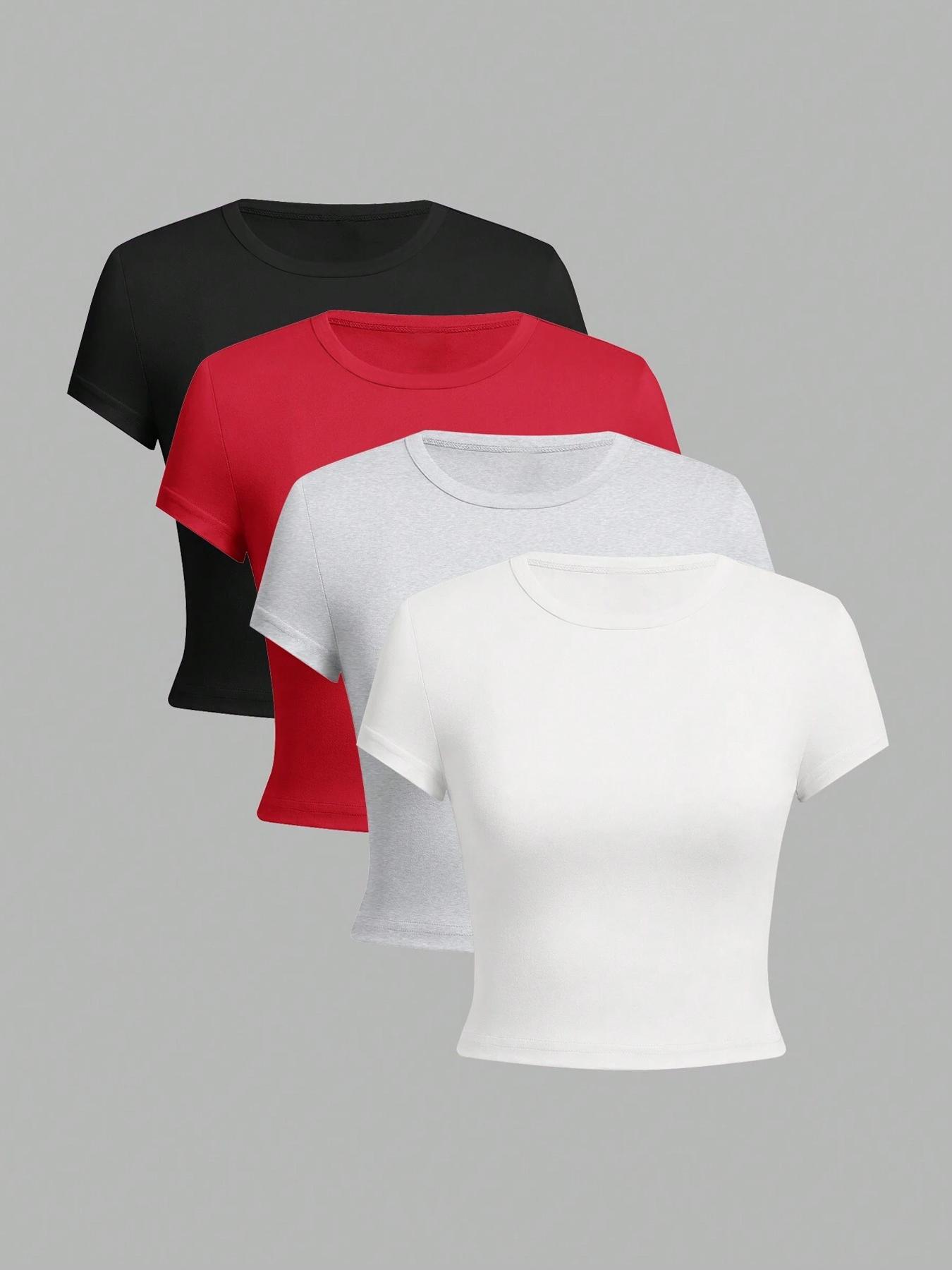 Women's Solid Round Neck Crop Tee, Casual Minimalist Short Sleeve Crew Neck Basic T-shirt for Summer, Ladies Clothes for Daily Wear, Womenswear, Classic T Shirt