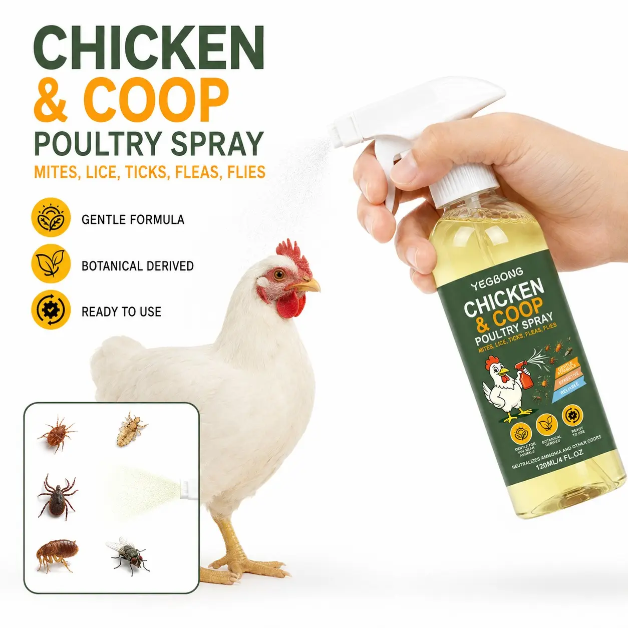 Pet Chicken and Coop Poultry Spray, Effective Against Mites, Lice, Ticks, Fleas, and Flies, Safe for Chickens, No Need to Remove Eggs