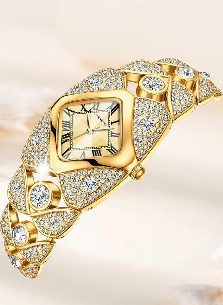 Women's Luxury Gold Iced Out Diamond Bracelet Watch - Square Mother of Pearl Dial with Roman Numerals, Fully Bling Crystal Encrusted Quartz Wristwatch, Perfect Gift for Her
