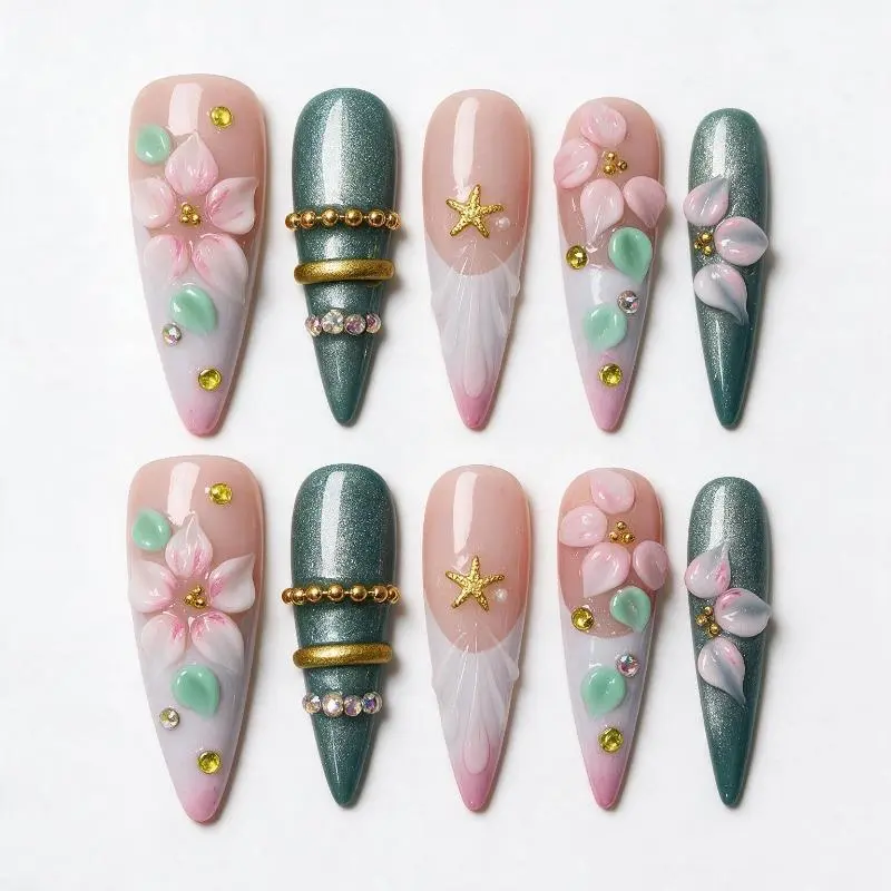 2-5$ Per Piece,Aelunya Handcrafted 3D Floral Blueberry Press on Nails, Glossy Nude Striped Reusable False Nails with Rhinestone Charms, Long Square Nail Tips for Women Girls