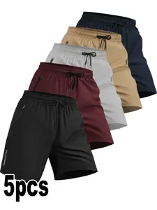 5-Pack Men's Quick-Dry Gym Shorts, Zip Pocket Fitness Pants, Casual Training Wear, All-Season Unisex Fashion, Daily Use