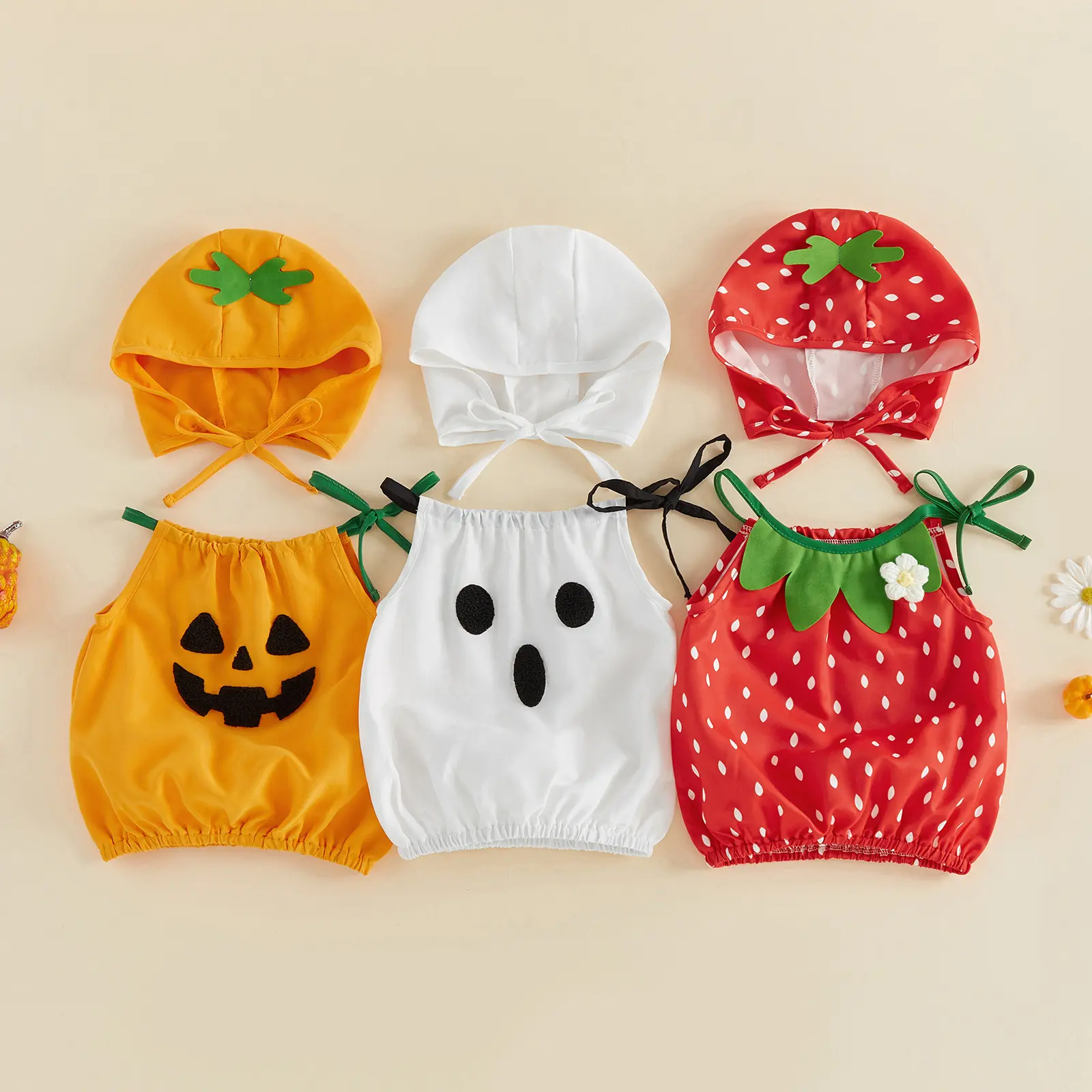 Infant Baby Boy Girl Halloween Strawberry/Pumpkin/Ghost Costume Halter Neck Romper with Hat Fall 0-18 Months