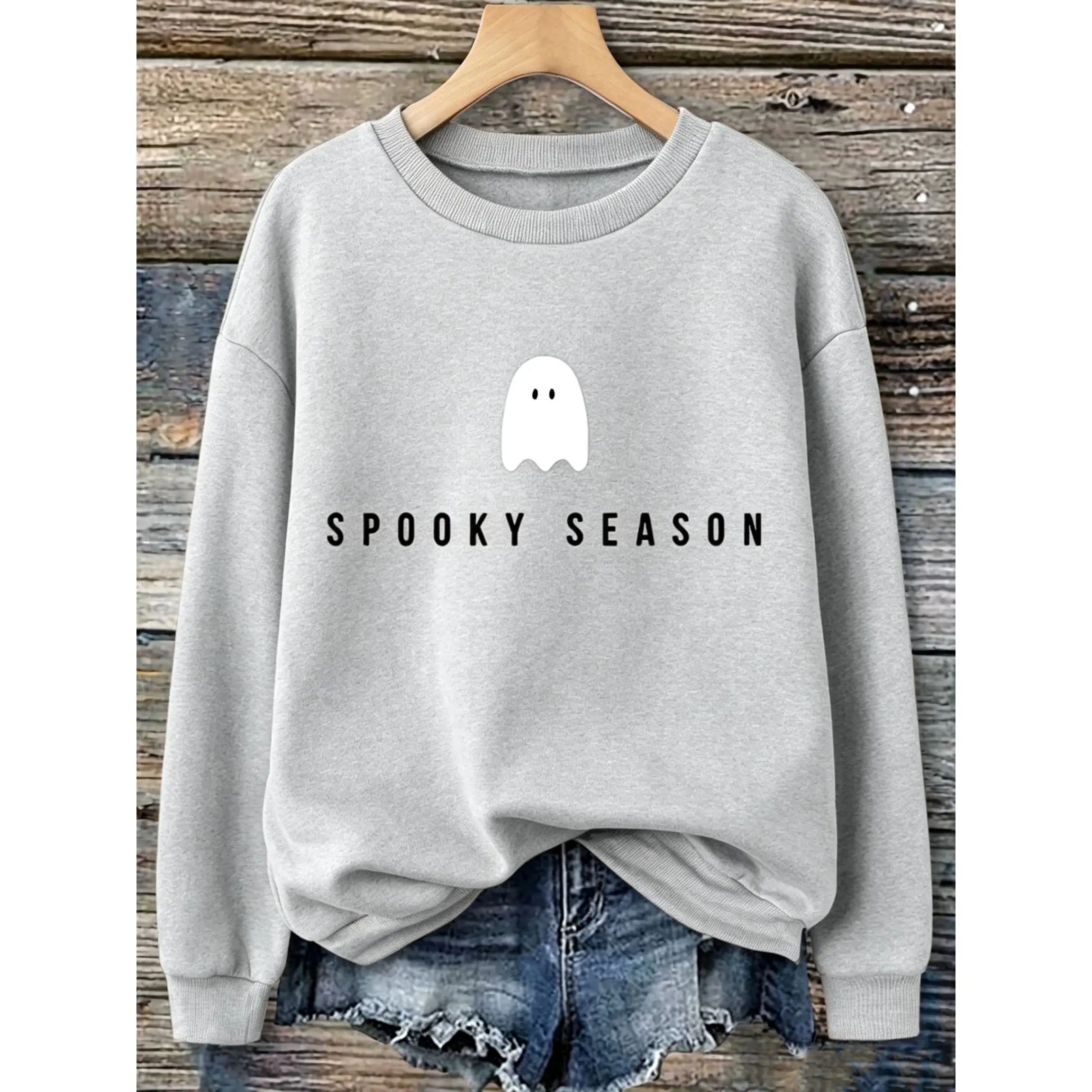 Plus Size Halloween Sweatshirt, Casual Autumn/Winter Pullover, Crew Neck Long Sleeve Hoodie, Vacation Vibe