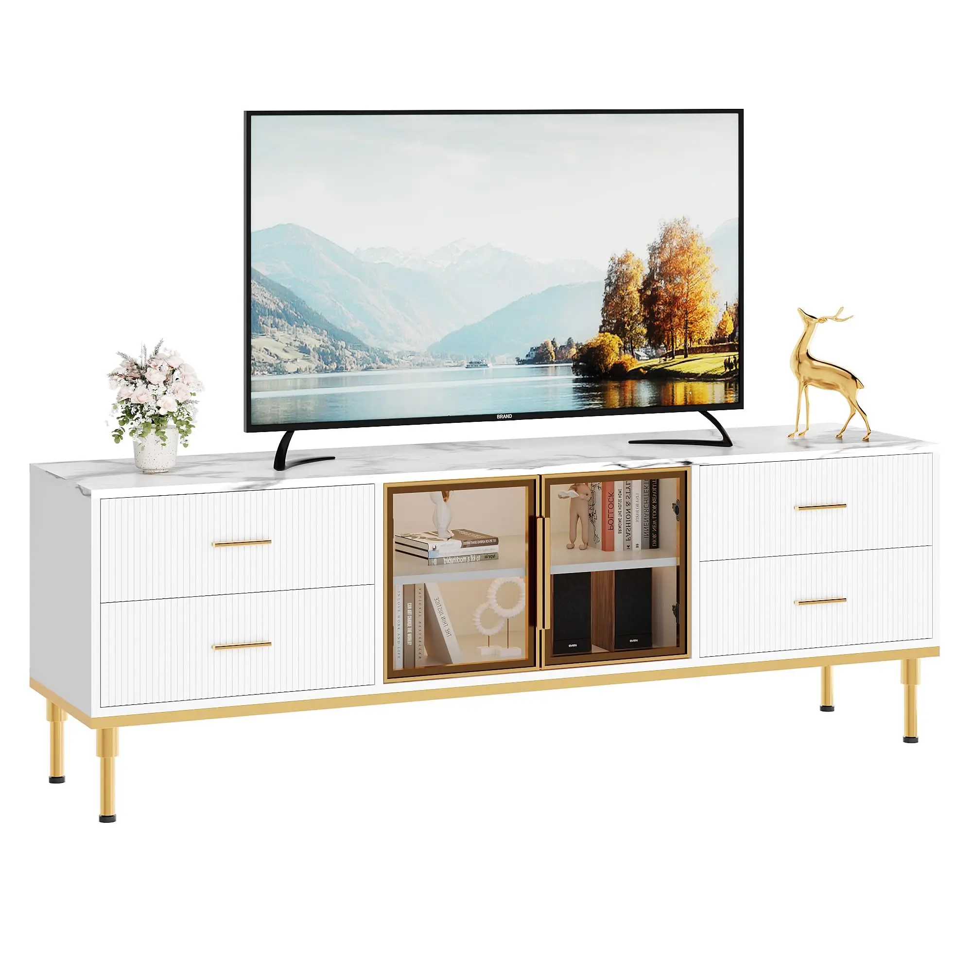 Garvee 65" Entertainment Center with LED Lights, Modern Fluted Media Console Featuring Drawers & Glass Doors, Faux Marble Tabletop, Storage Solution for Living Room and Bedroom, White Finish