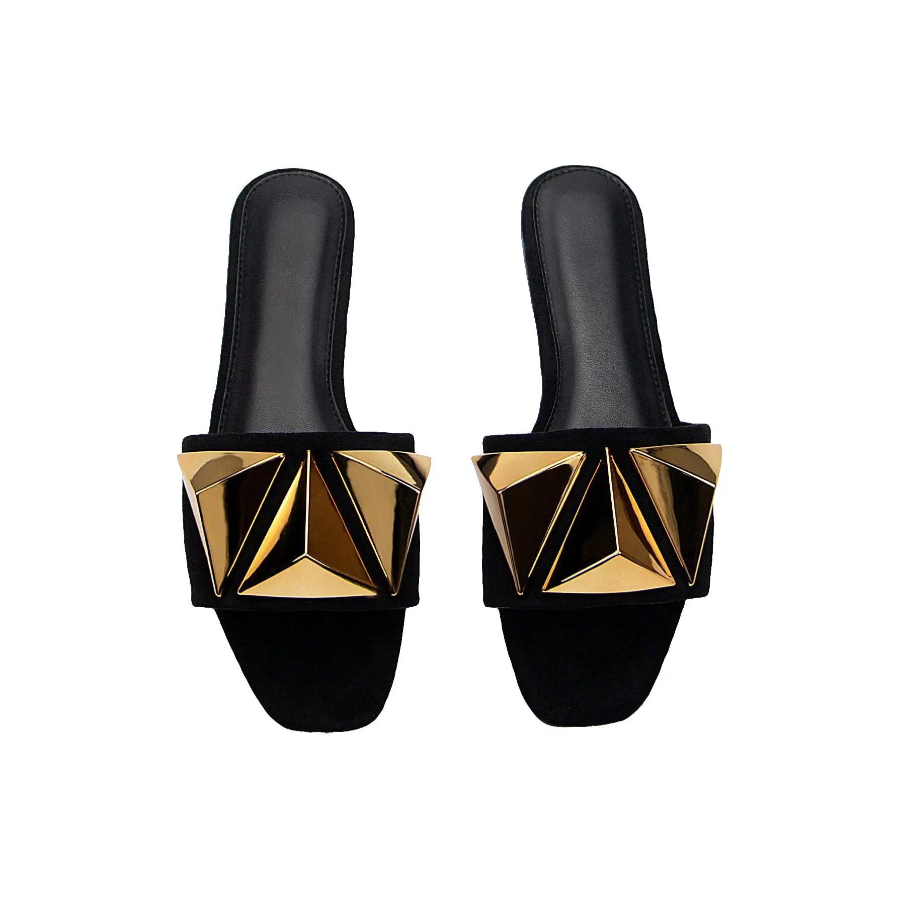 DealsForYouDays Studded Gold Flat Sandals Dressy Square Open Toe Summer Vacation Slip on Slides Shoes