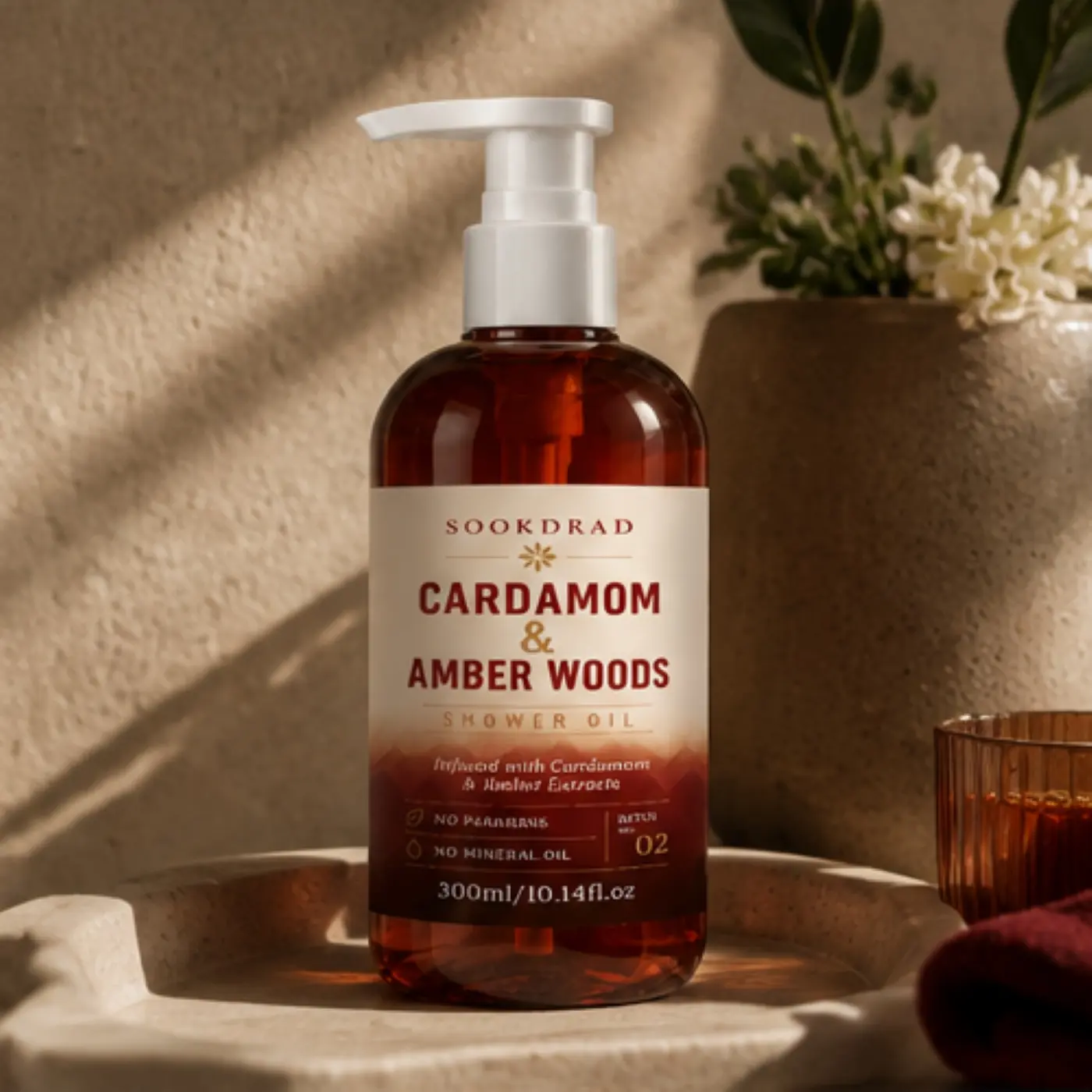 Cardamom & Amber Woods Shower Oil, infused with cardamom and amber extracts, no parabens, no mineral oil, body shower oil, Body Care Products, 300ml/10.14fl.oz