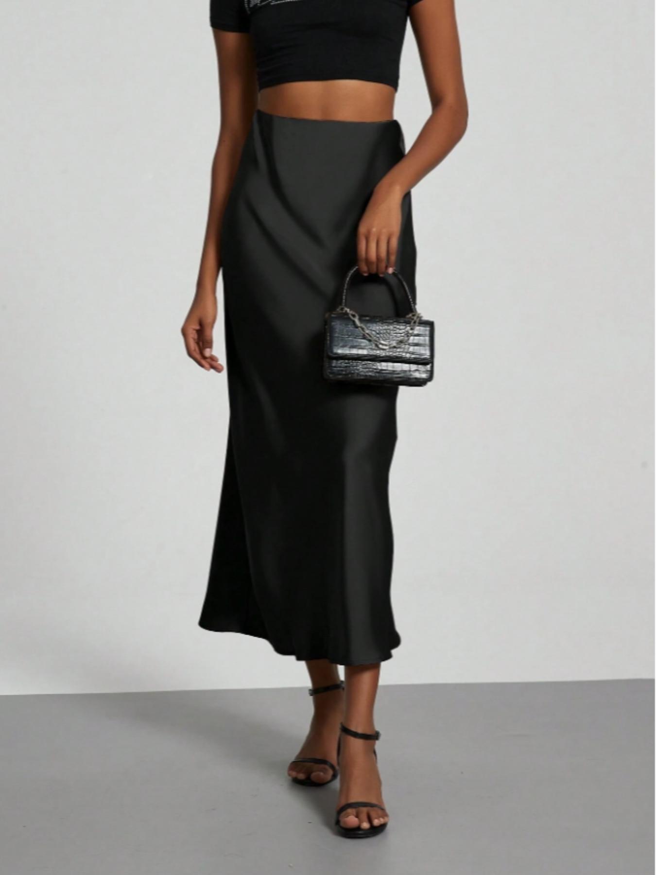 Women's Solid Color Satin Slim Skirt, Elegant Fashion Skirt for Work Office Business, Ladies Clothes for All Seasons