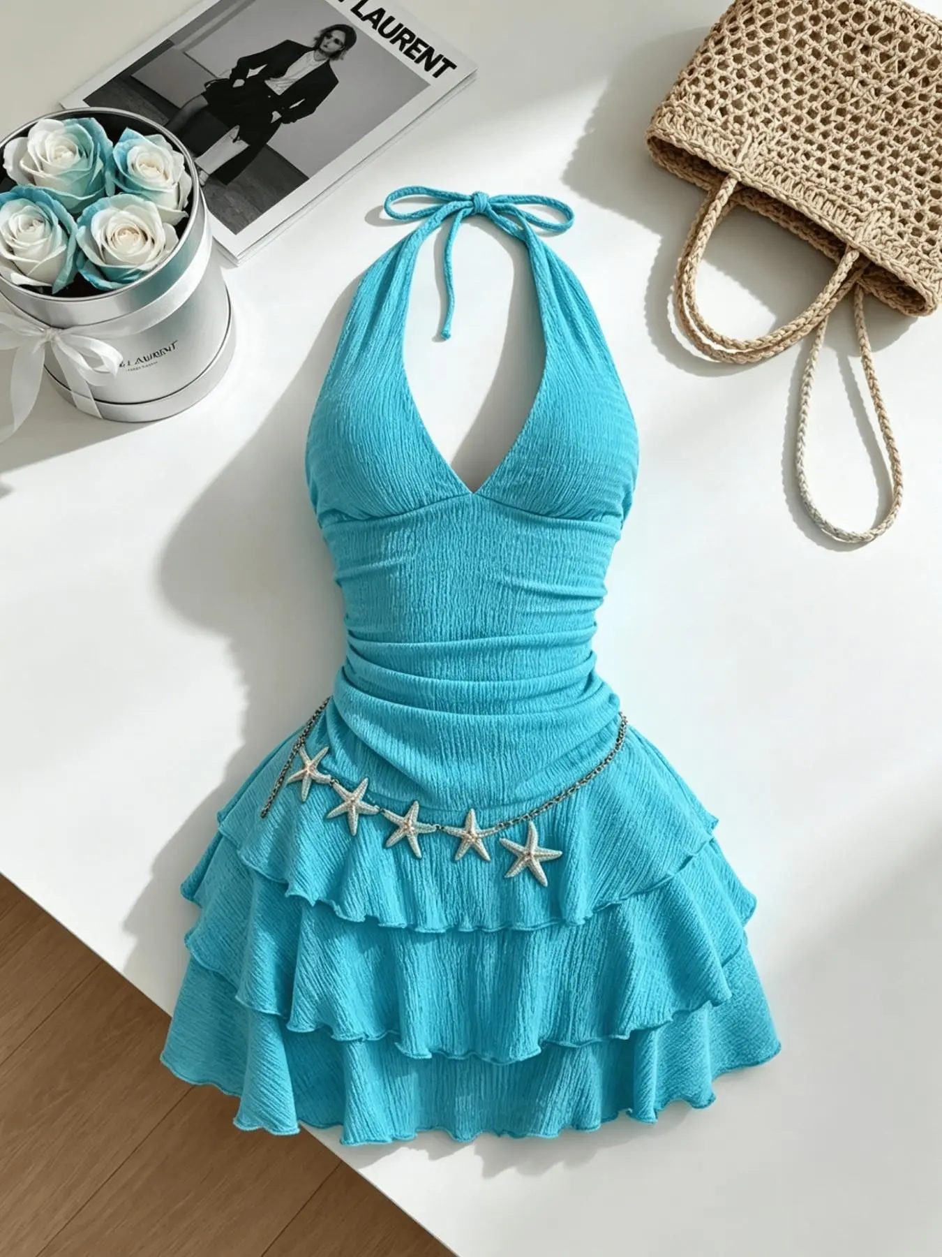 Ruched Halter Cake Dress, Multi-Layer Ruffle Detail, Sweet Cool Chic Style, Fitted Plain Surface, Casual Unlined Dress