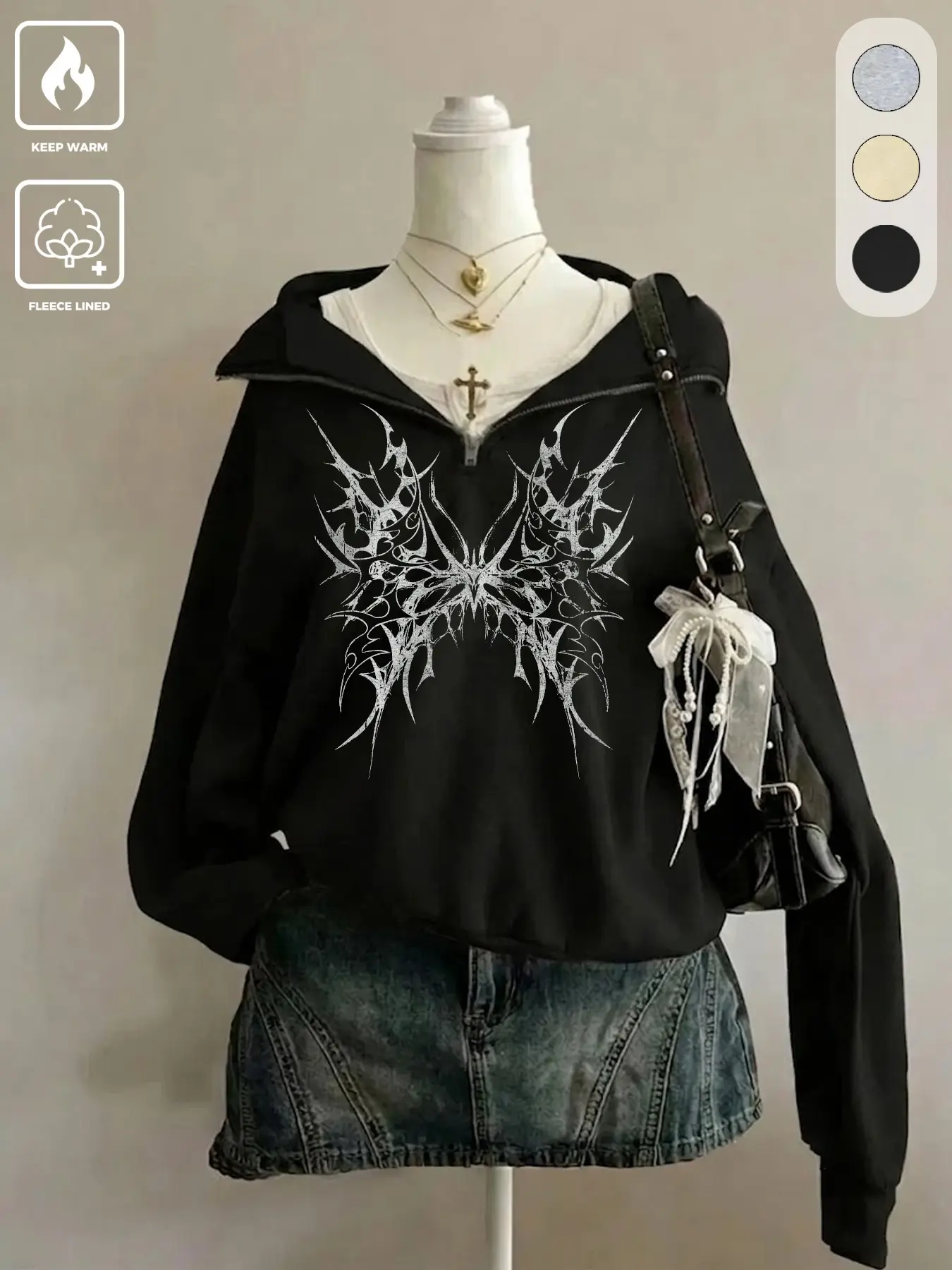 Y2K Dark Gothic Thorn Butterfly Print Half-Zip Hoodie, Fleece Lined Loose Fit, Streetwear Outerwear, Fall Winter Casual Fashion, Sweatshirts