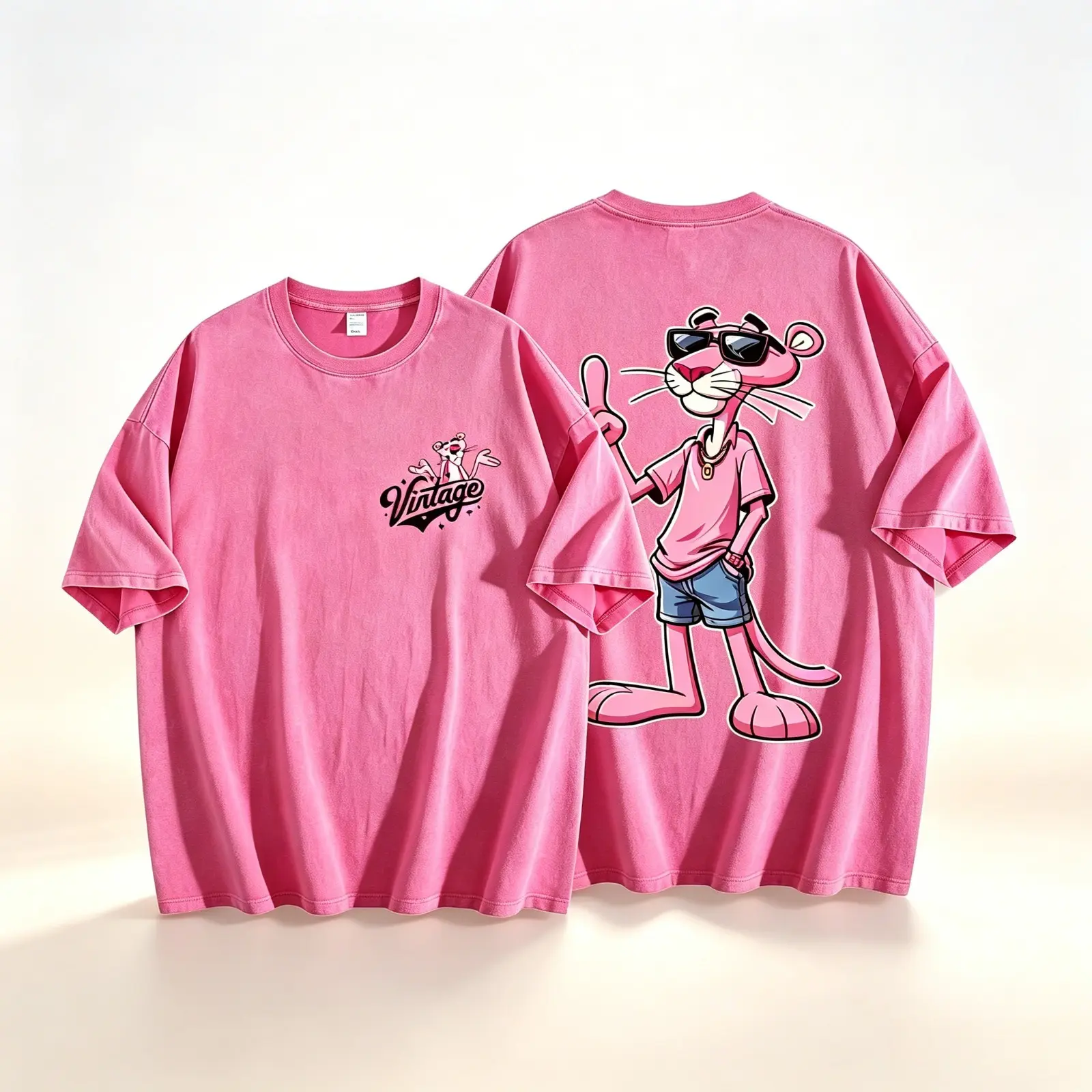 Vintage Washed Pink Panther Sunglass Graphic Tee Front Back Print Oversized Unisex Heavy Cotton T Shirt Retro Cartoon Y2K Streetwear Hip Hop Summer Beach Festival 4th Of July Casual Outfit Cartoon Fan Gift Men Women